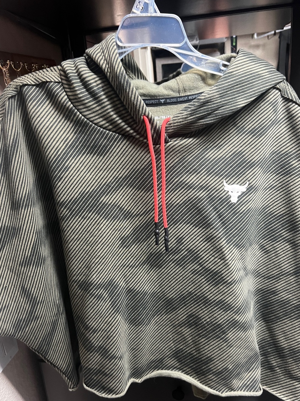 Women’s Under Armour Olive Green Striped Hoodie with Red/Orange Drawstrings